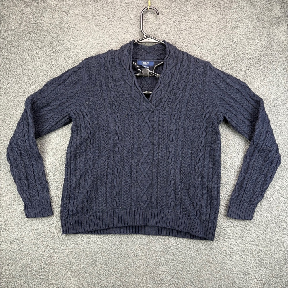 Chaps Navy Blue Cable Knit V‎ Neck Sweater Size L 100% Cotton Womens
